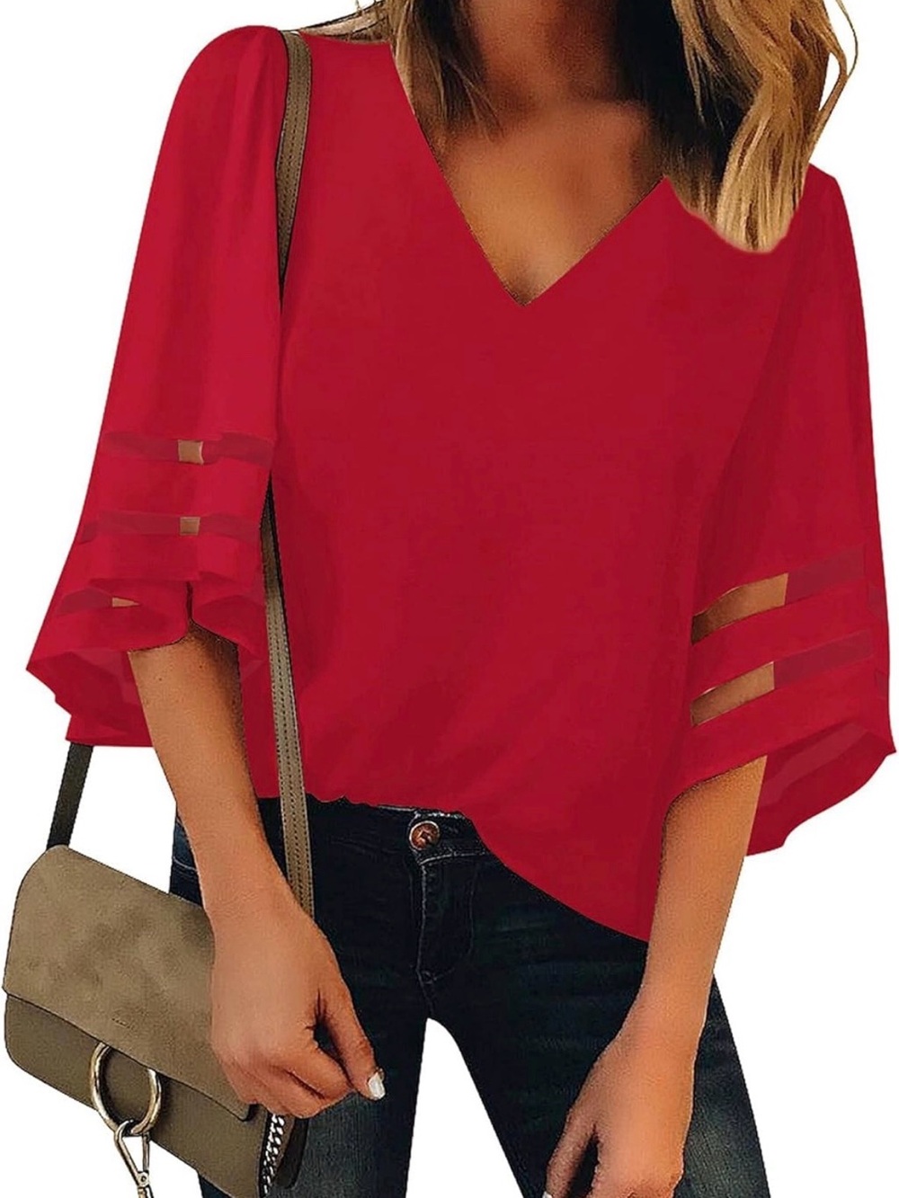 NIB luvamia Women's Casual V Neck 3/4 Bell Sleeve Mesh Panel Blouse - Size: S